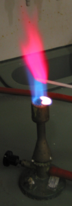 «БиАнтра», помеченная хлоридом лития окрашивает пламя красным цветом при сжигании образца колбасы в пламени бунзеновской горелки  